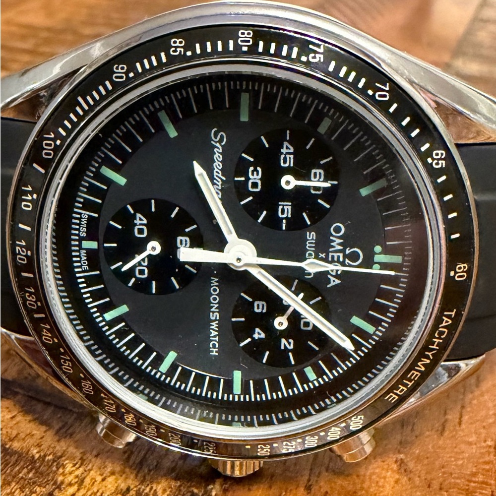 MoonSwatch MOD Black Chronograph Watch with metal case and silicone band